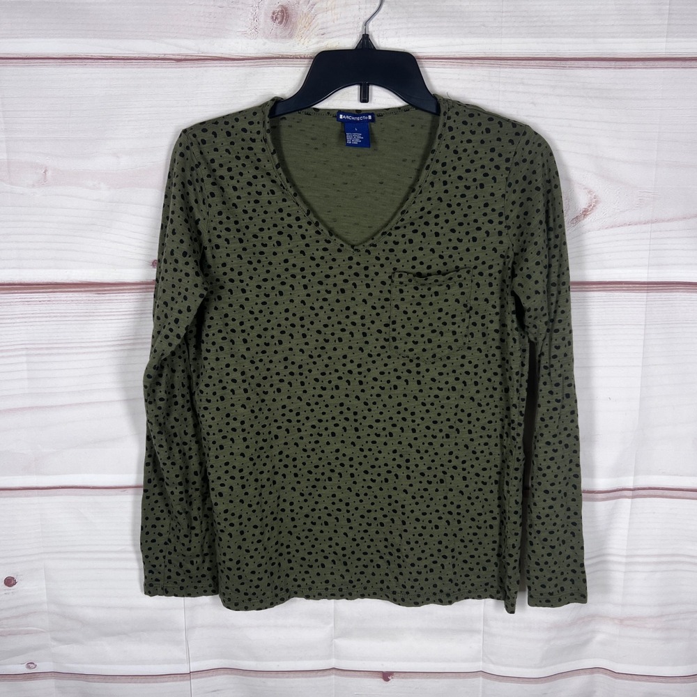Architect V-Neck Pocket Tee Top Womens Large Green Polka Dot Long Sleeve T-Shirt